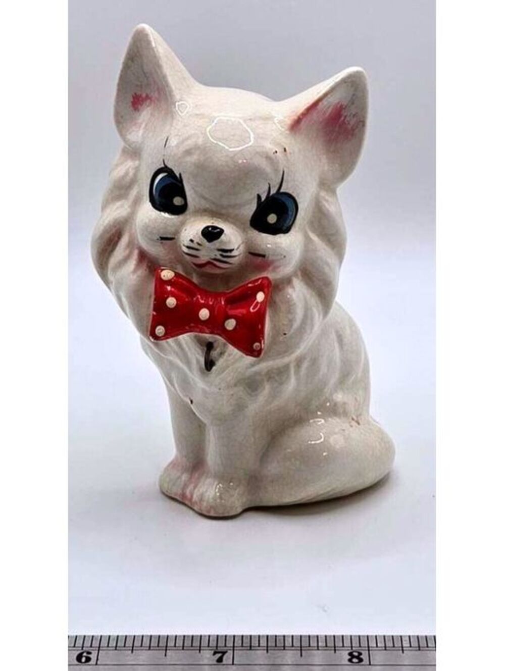 Vintage Mid-Century White Ceramic Cat Figurine with Red Polka Dot Bow Tie